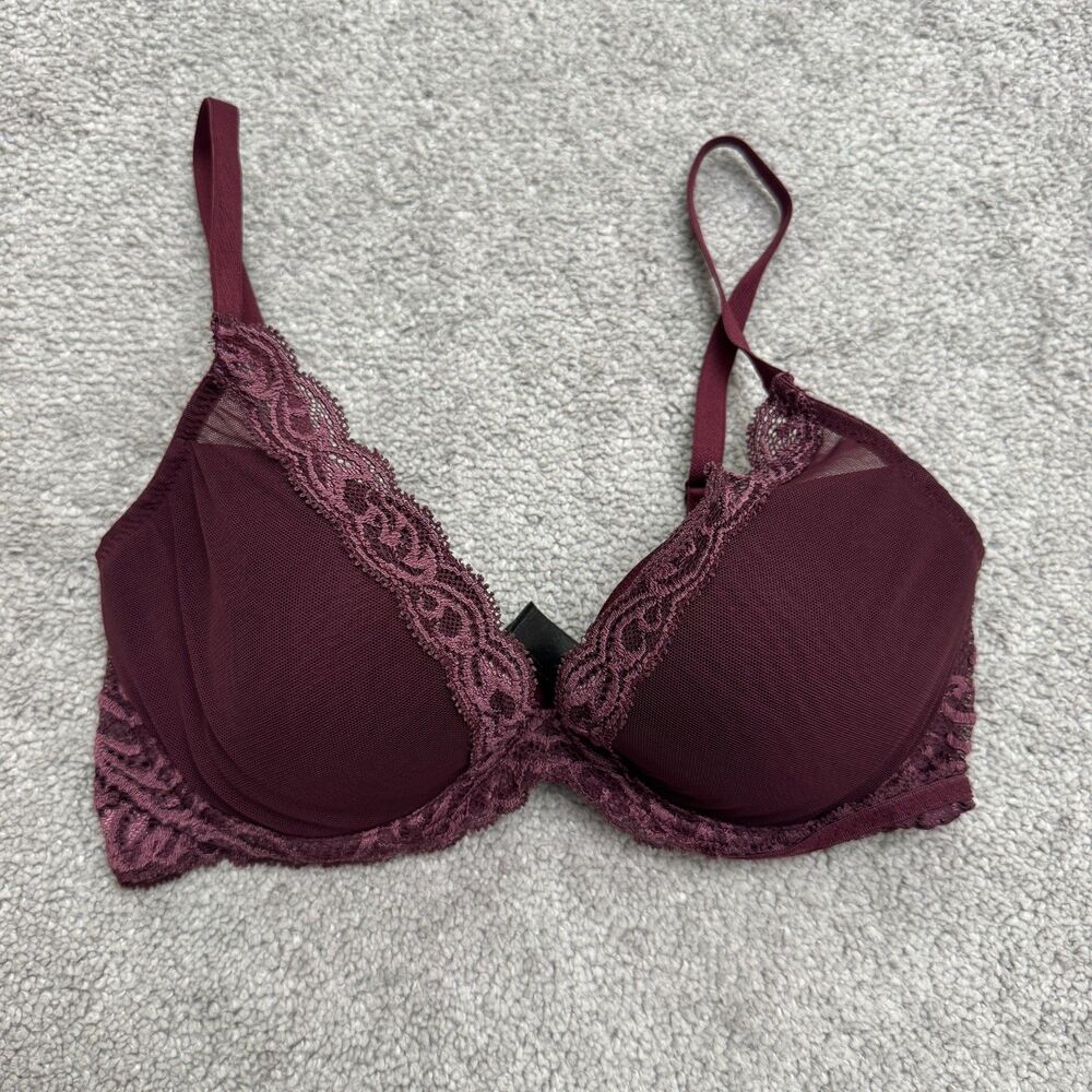 Natori Feathers Mesh Lace Trim Padded Plunge Bra Womens 36D Burgundy Plum Straps